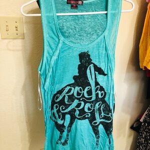 Rock & Roll Cowgirl Turquoise Crewneck Tank - Teal Blue